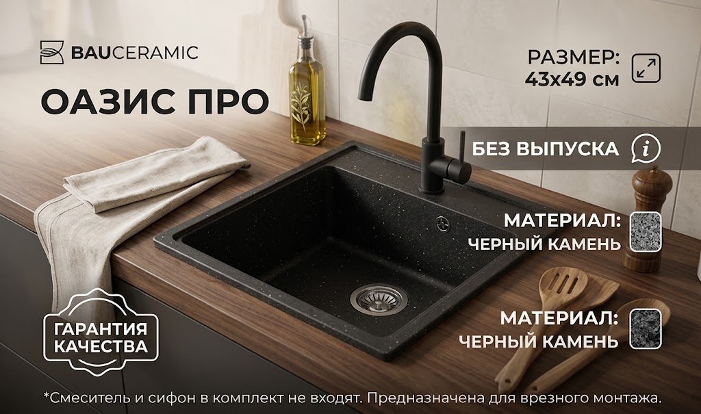 Кухонная мойка Kabinkakz_K0000344224 49х43х17.5 см, искусственный камень, тон черный купить,NaN