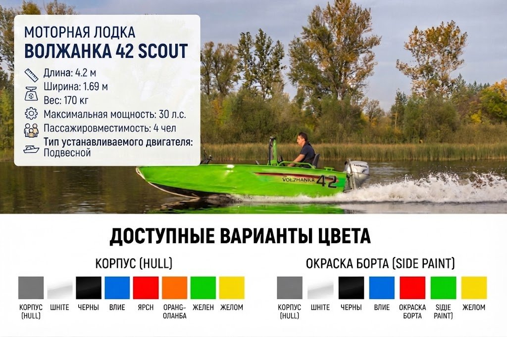 Лодка VBOATS Волжанка 42 Scout зеленый купить,NaN