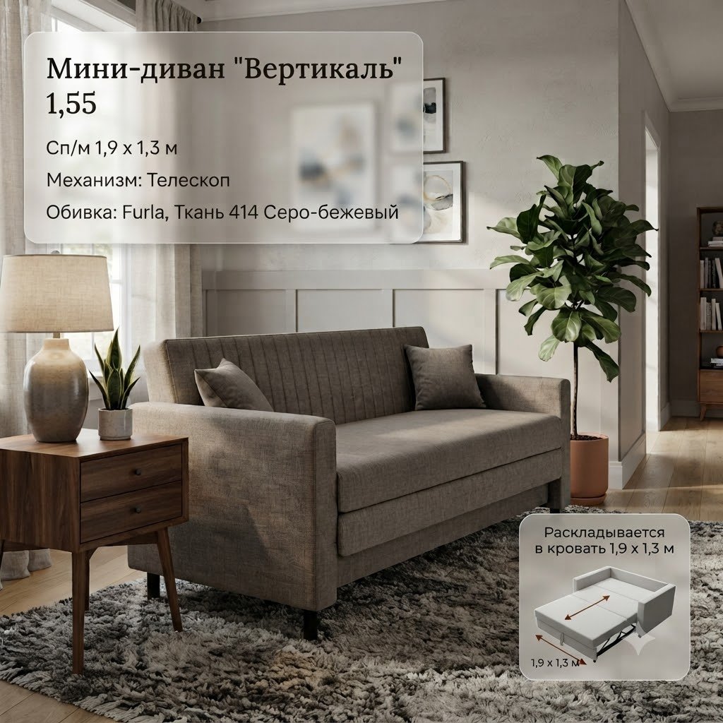 Диван Вертикаль, 155х70 см, обивка велюр, серый купить,NaN