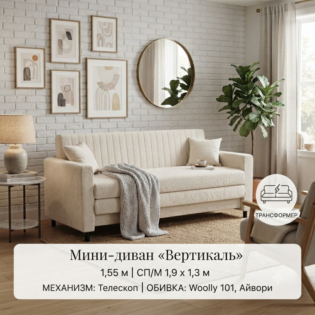 Диван Вертикаль, 155х70 см, обивка рогожка, белый купить,NaN