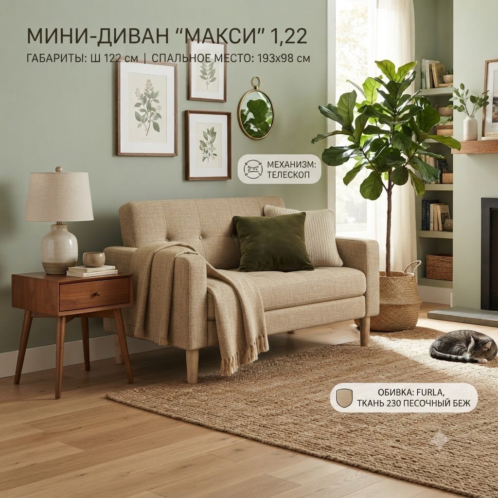 Диван Макси, 122х70 см, обивка велюр, бежевый купить,NaN