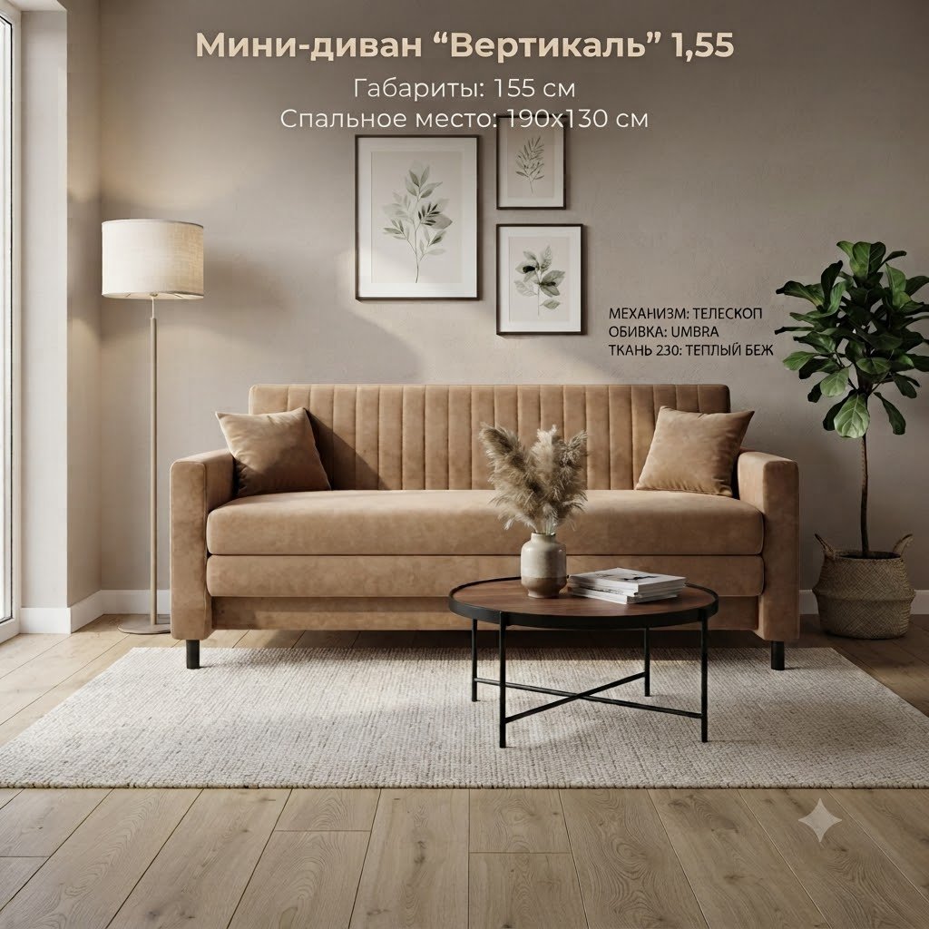 Диван Вертикаль, 155х70 см, обивка шенилл, бежевый купить,NaN