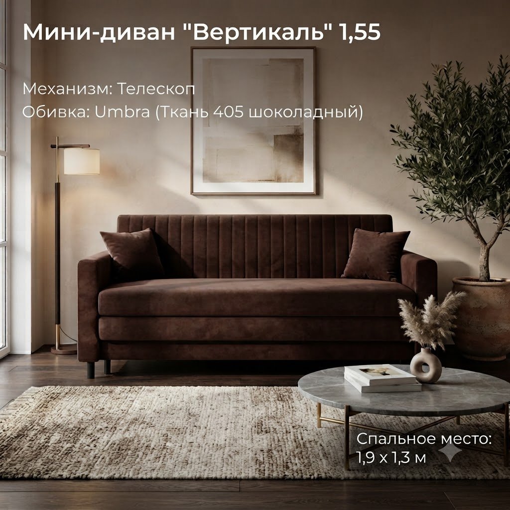 Диван Вертикаль, 155х70 см, обивка шенилл, темно-коричневый купить,NaN