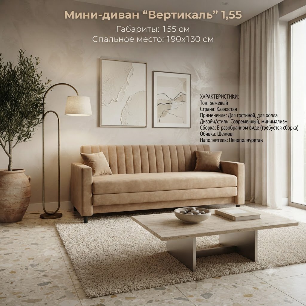 Диван Вертикаль, 155х70 см, обивка шенилл, бежевый купить,NaN