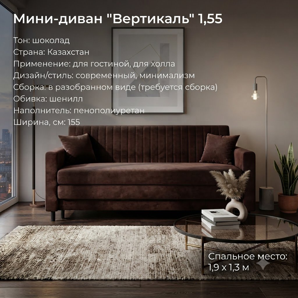 Диван Вертикаль, 155х70 см, обивка шенилл, темно-коричневый купить,NaN