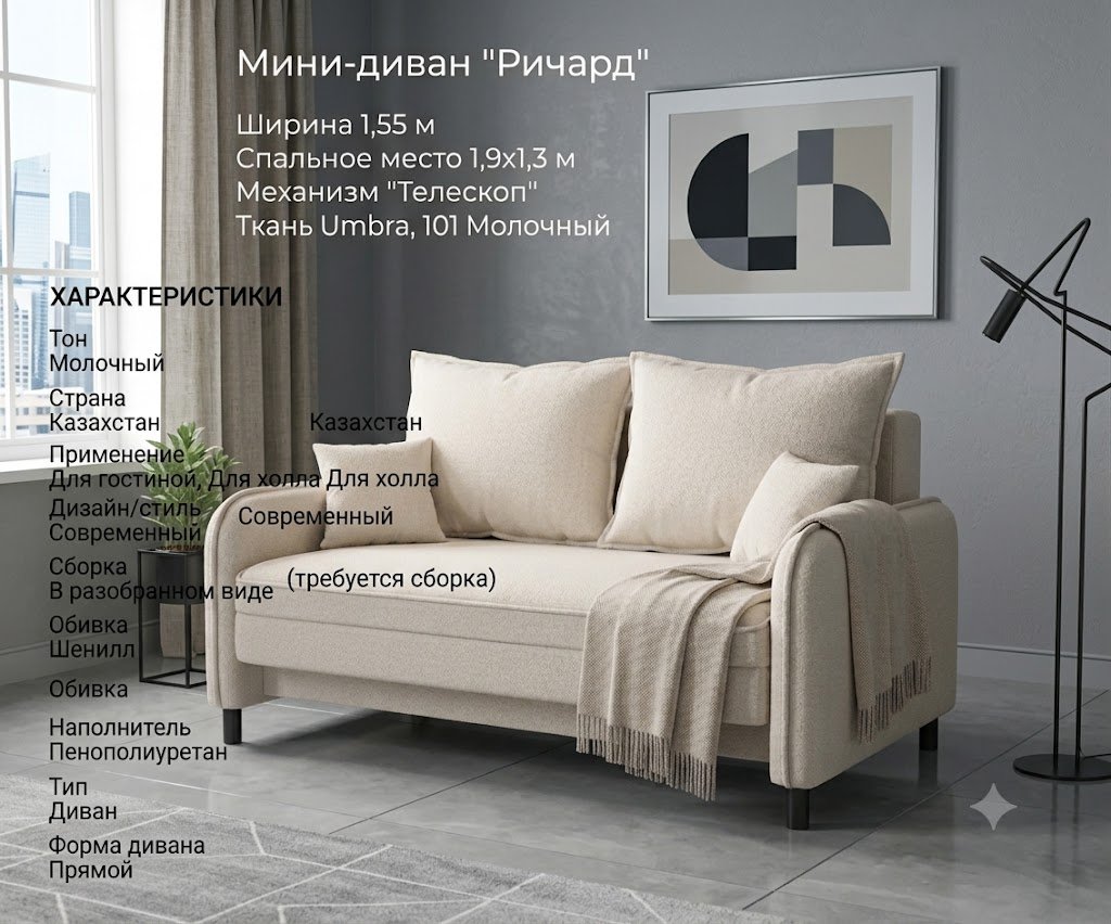 Диван Ричард, 155х70 см, обивка шенилл, кремовый купить,NaN