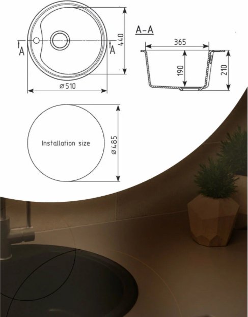 Кухонная мойка BAU EDGE 51х51х19 см, искусственный камень, тон черный купить,NaN