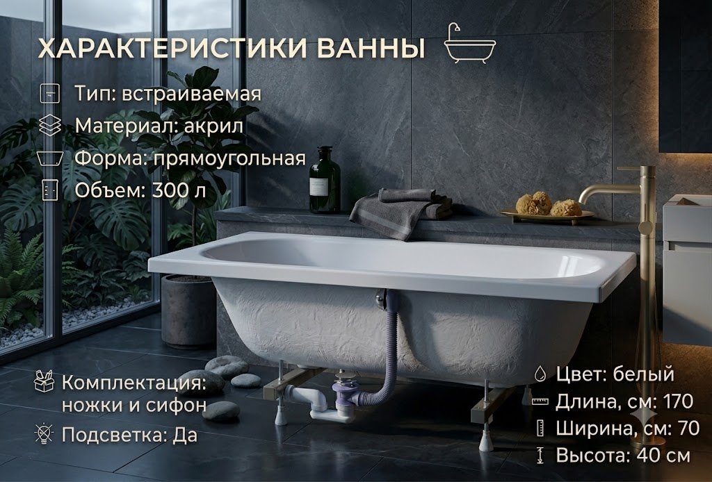 Ванна JSD-02-170 Premium 170x70 см, акрил купить,86700
