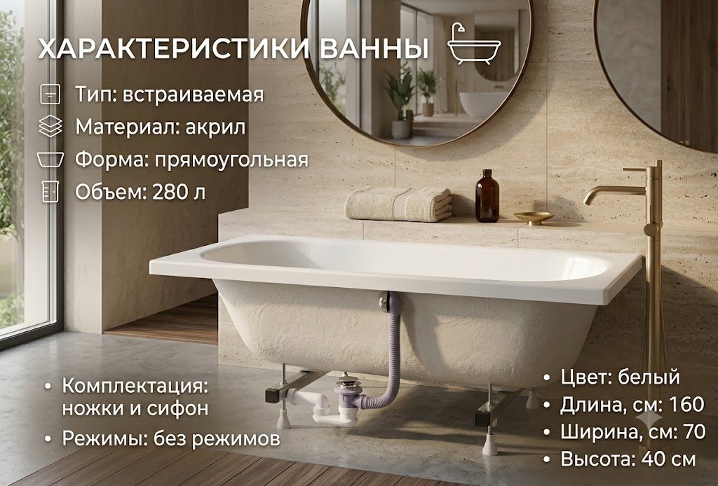 Ванна KABINKA.KZ JSD-02-160 Premium 160x70 см, акрил купить,82300