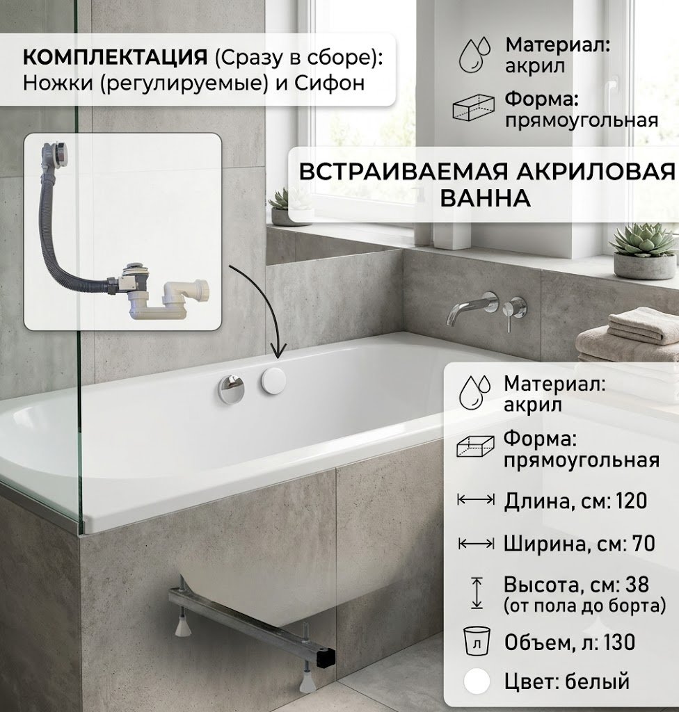 Ванна KABINKA.KZ JSD-02-120 Premium 120x70 см, акрил купить,62300