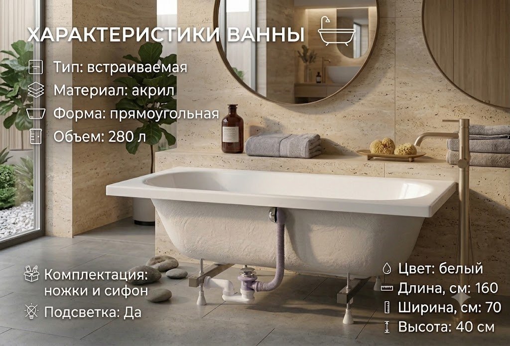 Ванна KABINKA.KZ JSD-01-160 Premium 160x70 см, акрил купить,76912