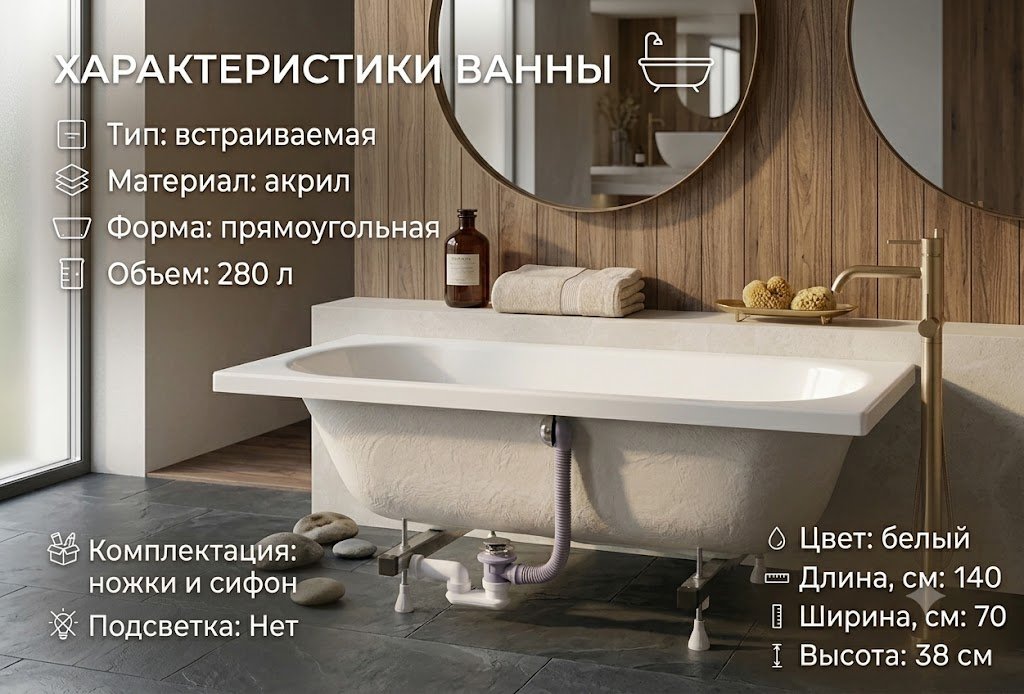 Ванна KABINKA.KZ JSD-02-140 Premium 140x70 см, акрил купить,80302