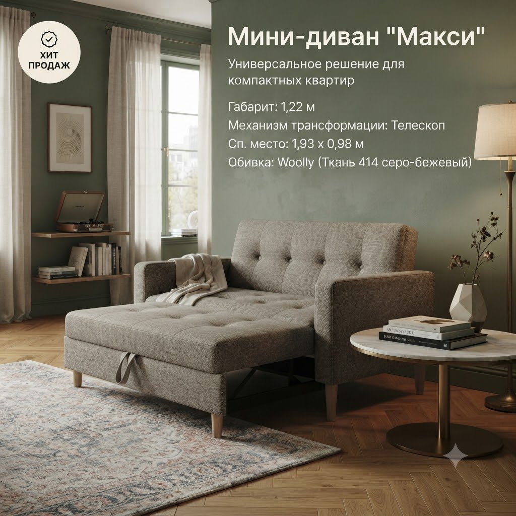 Диван Макси, 122х70 см, обивка рогожка, серый купить,NaN