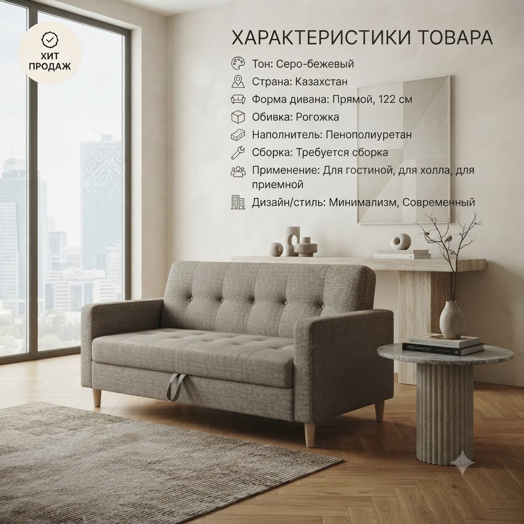 Диван Макси, 122х70 см, обивка рогожка, серый купить,NaN