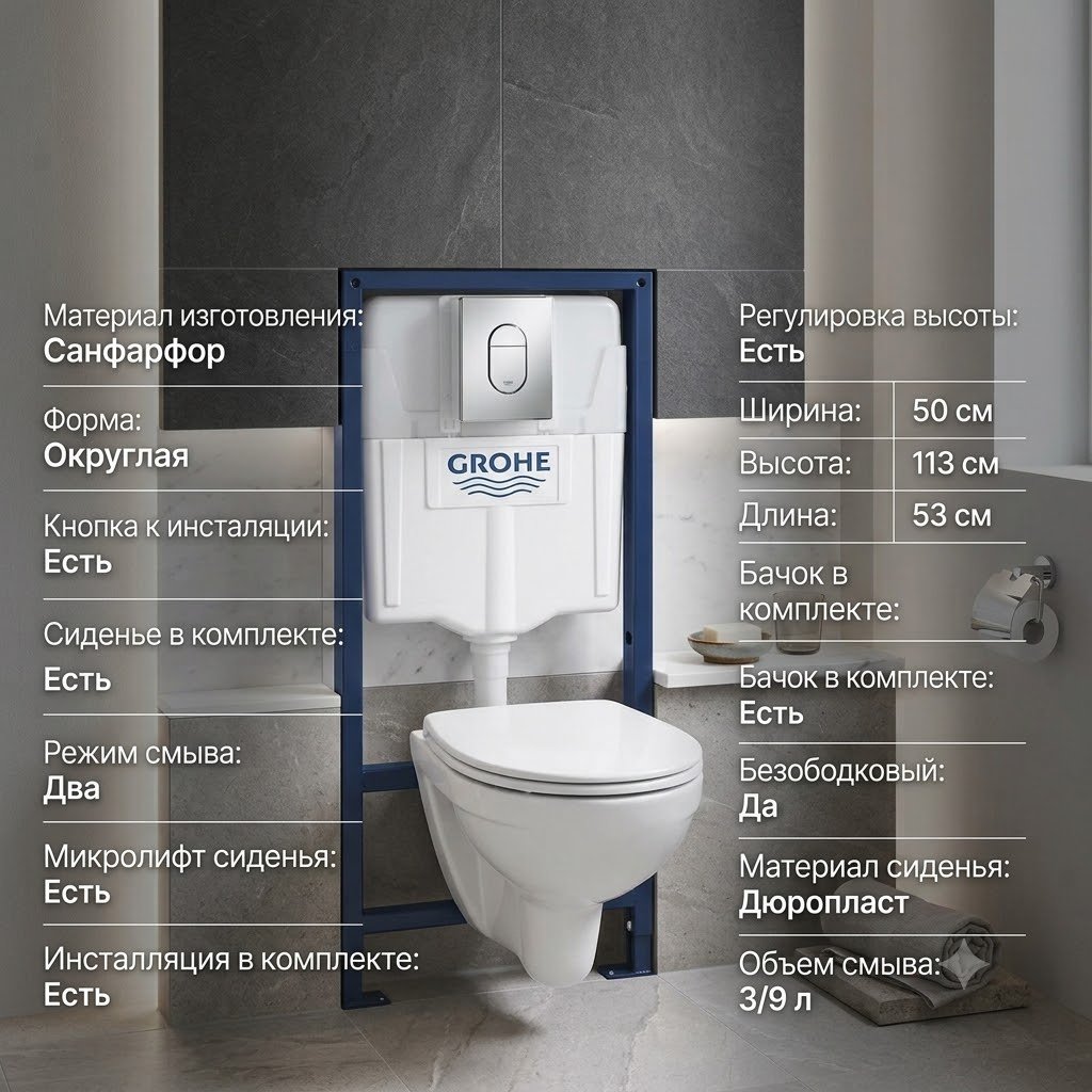 Унитаз с инсталляцией Grohe 36504000, санфарфор купить,277500