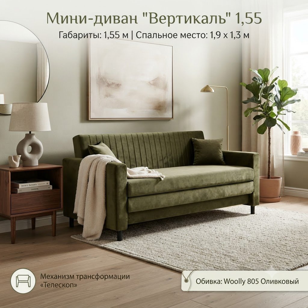 Диван Вертикаль, 155х70 см, обивка рогожка, оливковый купить,NaN