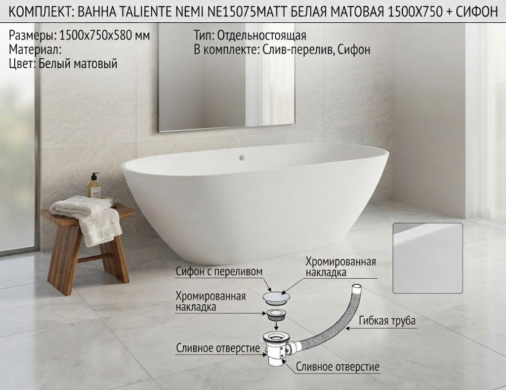 Ванна Taliente Nemi NE15075Matt 150x75 см, искусственный мрамор купить,1217300