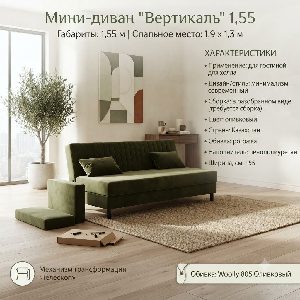 Диван Вертикаль, 155х70 см, обивка рогожка, оливковый купить,NaN