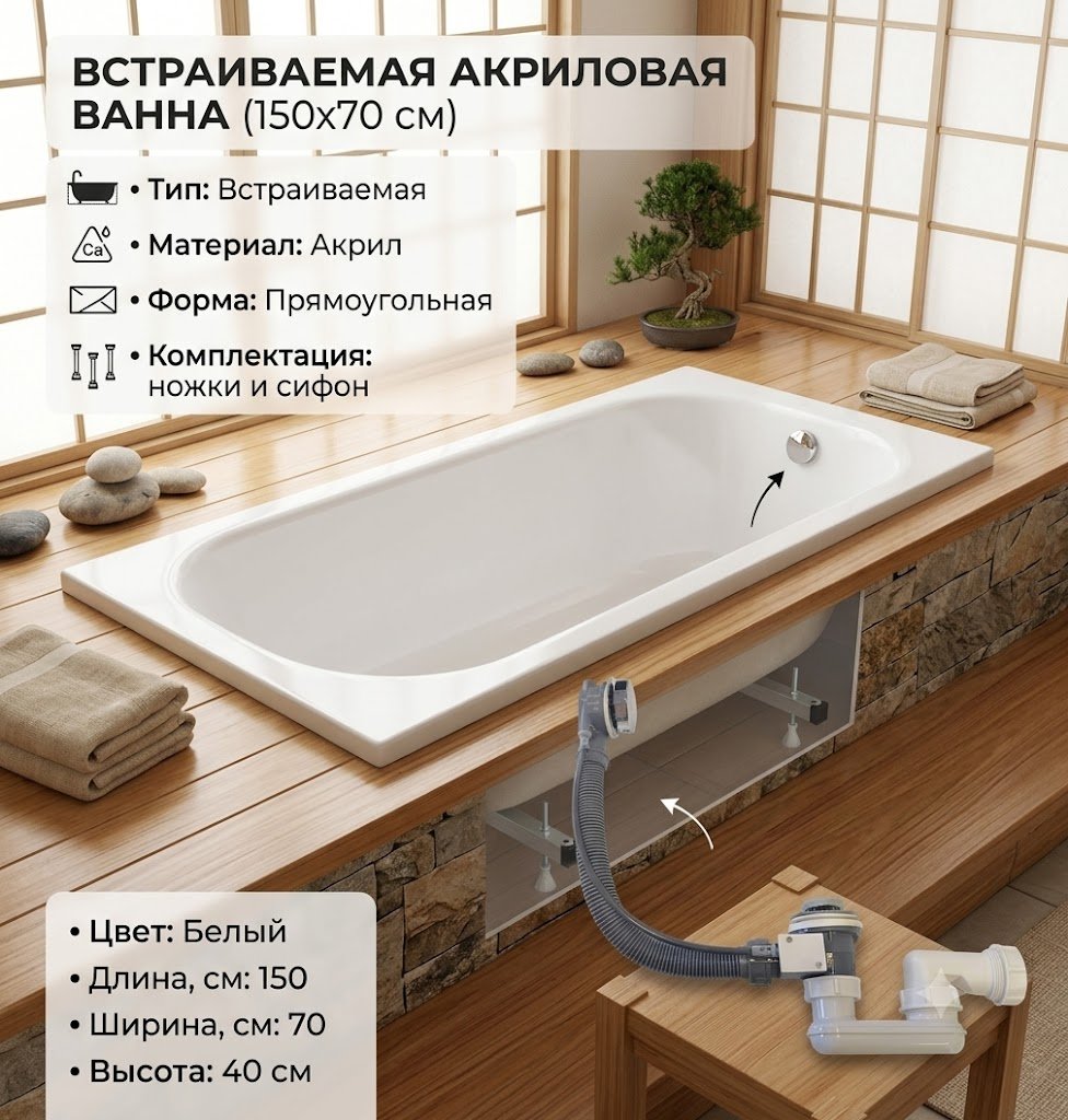 Ванна KABINKA.KZ JSD-02-150 Premium 150x70 см, акрил