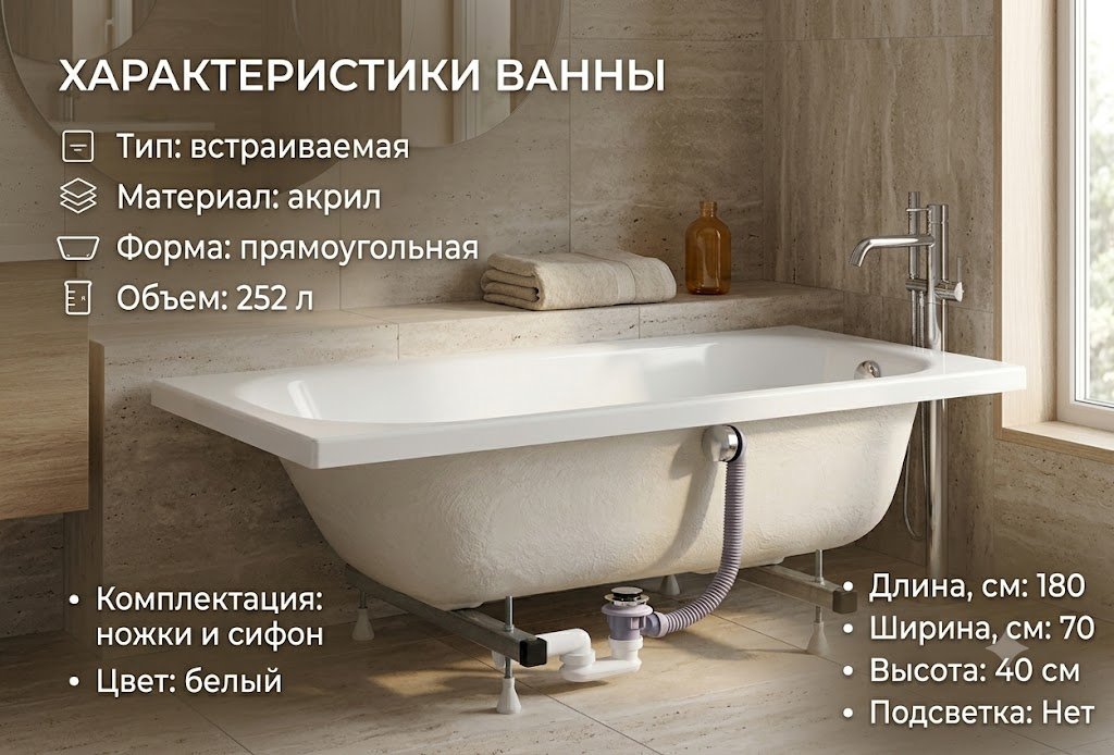 Ванна KABINKA.KZ JSD-02-180 Premium 180x80 см, акрил купить,77800