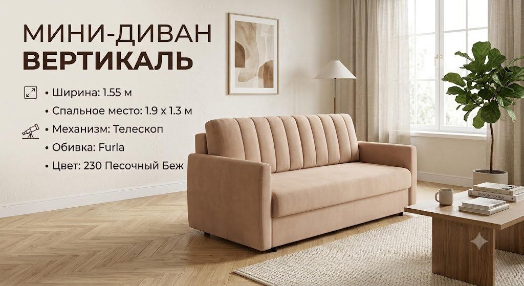 Диван Вертикаль, 155х70 см, обивка велюр, бежевый купить,NaN