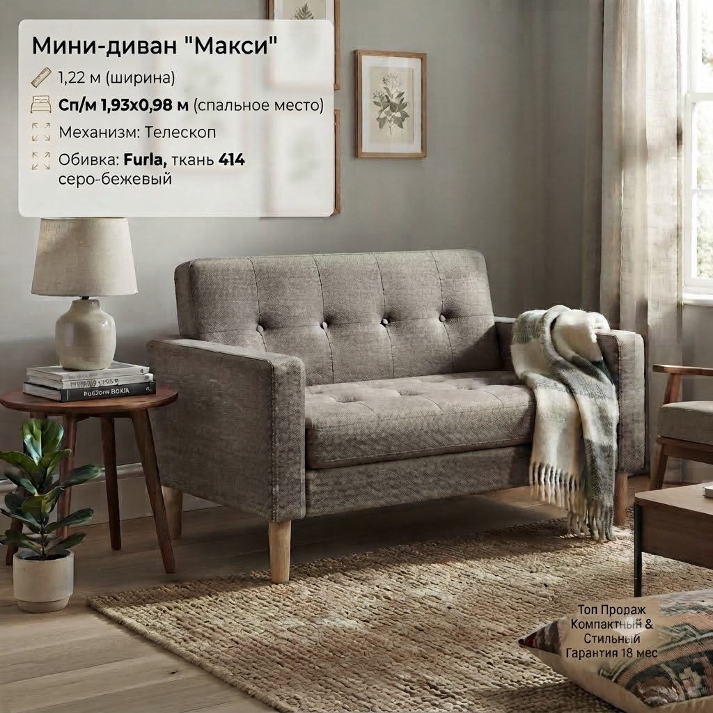 Диван Макси, 122х70 см, обивка велюр, серый купить,NaN