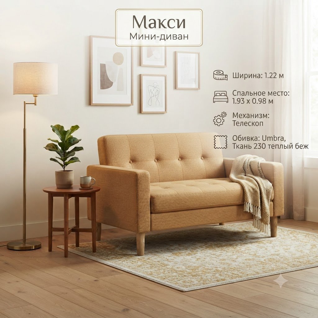 Диван Макси, 122х70 см, обивка шенилл, бежевый купить,NaN