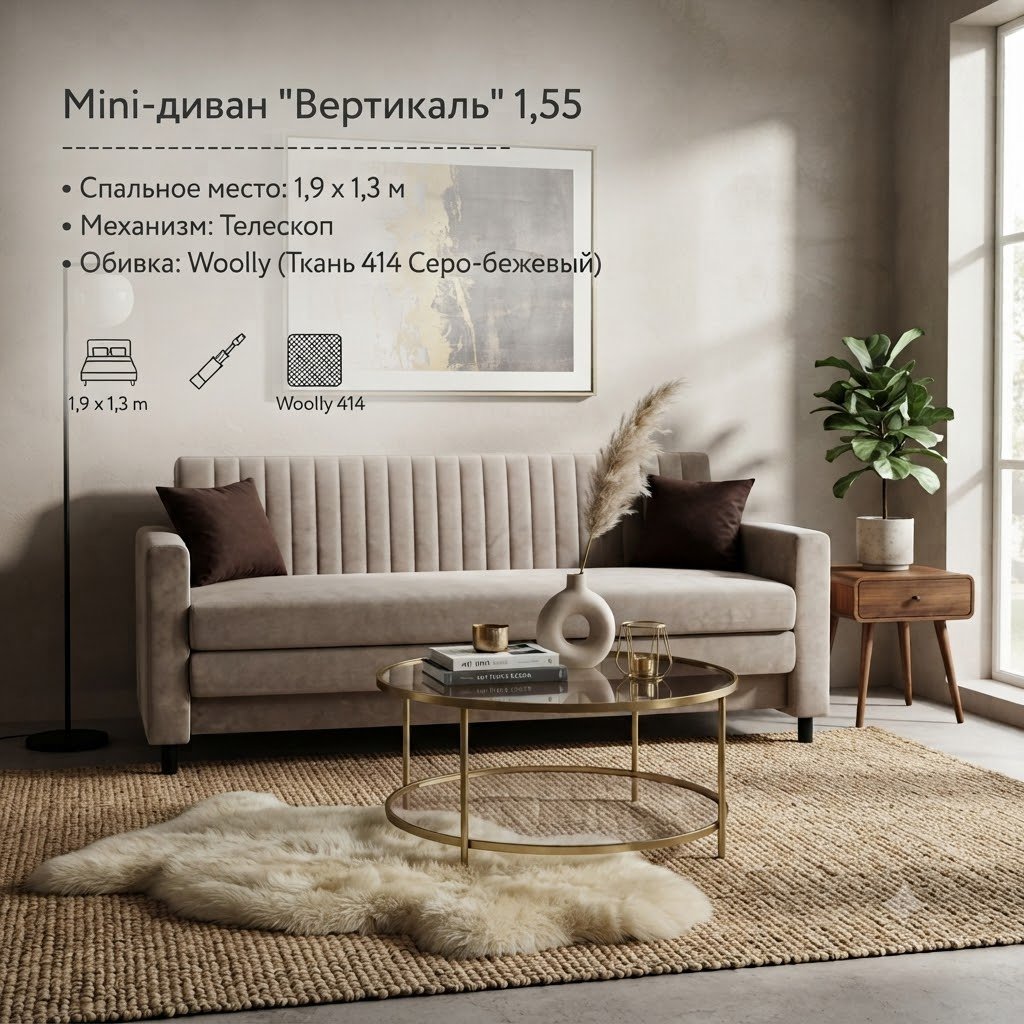 Диван Вертикаль, 155х70 см, обивка рогожка, серый купить,NaN