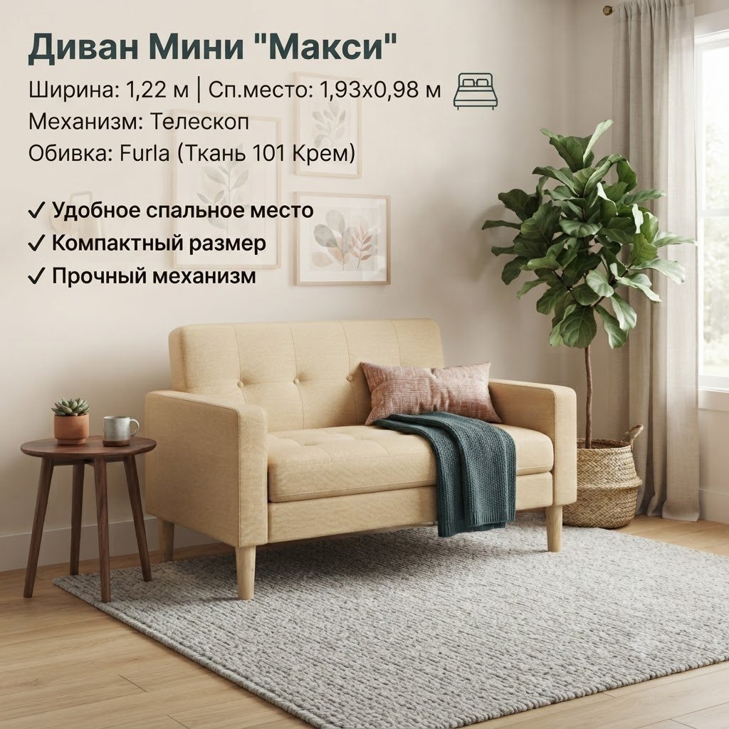 Диван Макси, 122х70 см, обивка велюр, бежевый купить,NaN