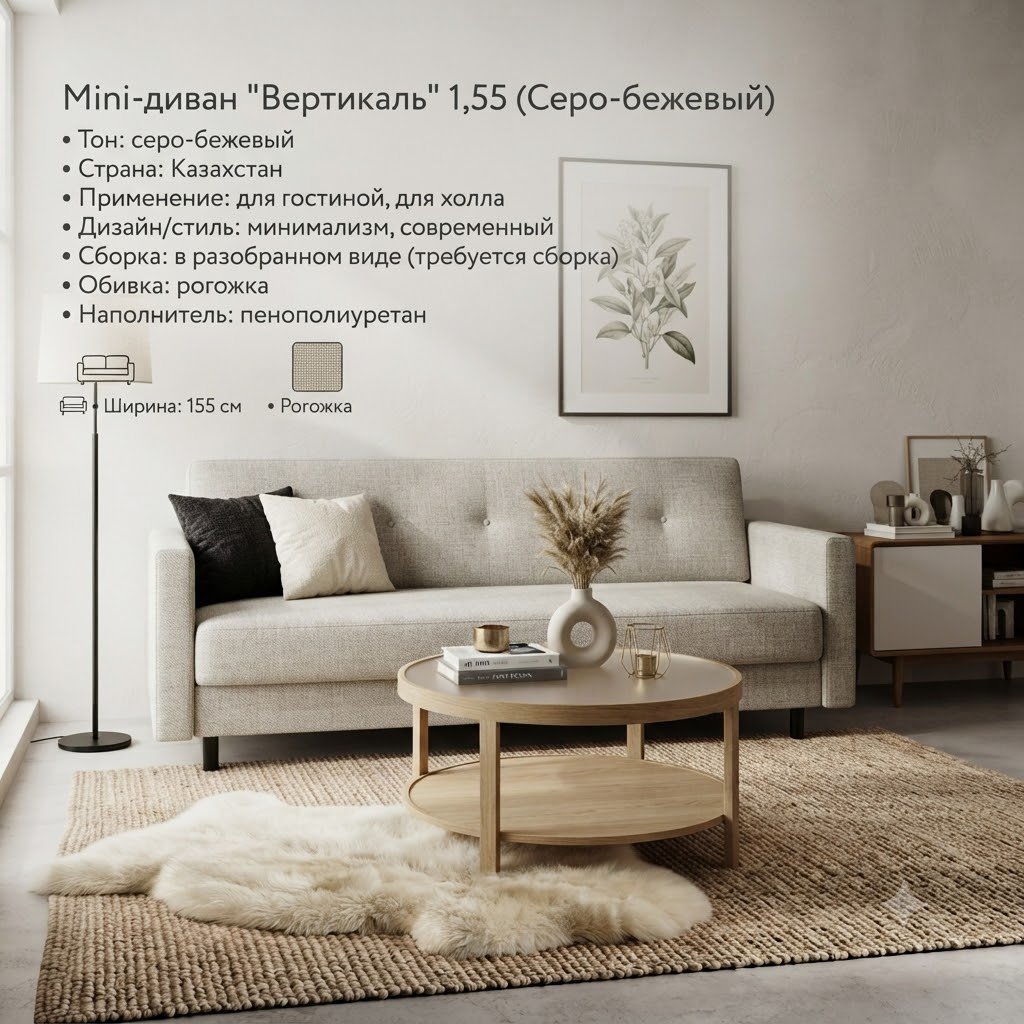 Диван Вертикаль, 155х70 см, обивка рогожка, серый купить,NaN