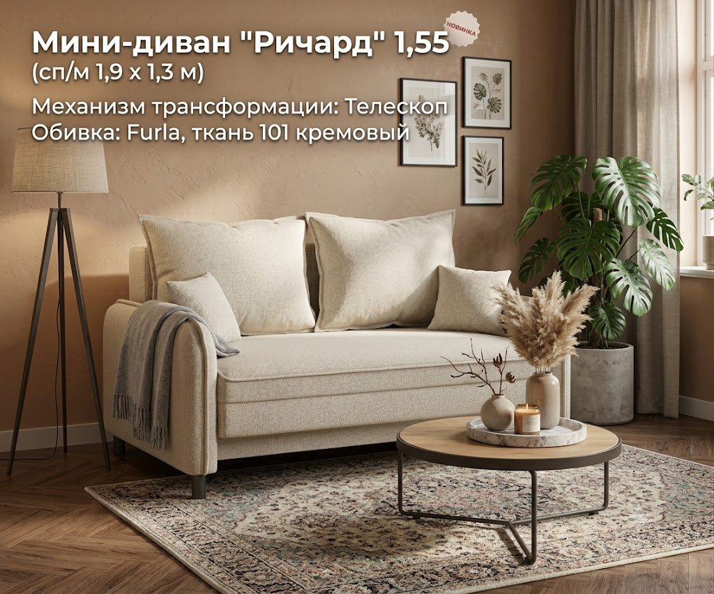 Диван Ричард, 155х80 см, обивка велюр, кремовый купить,NaN