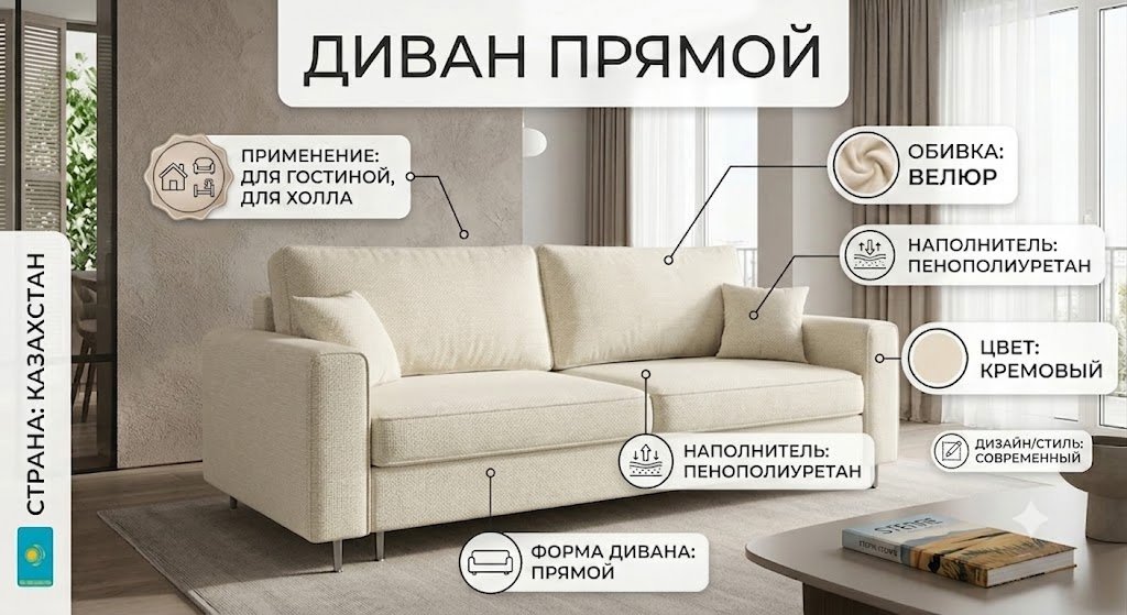 Диван Ричард, 155х80 см, обивка велюр, кремовый купить,NaN