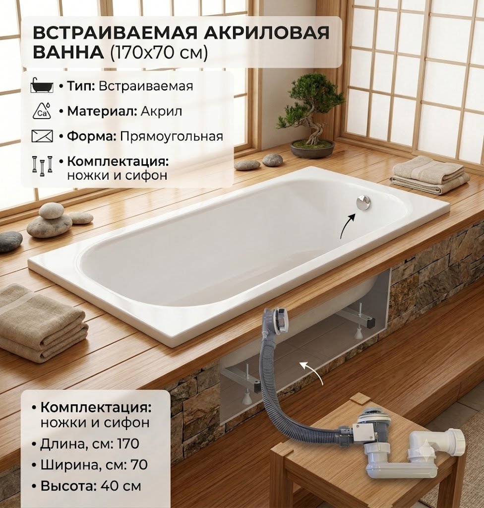 Ванна KABINKA.KZ JSD-01-170 Premium 170x70 см, акрил купить,78500