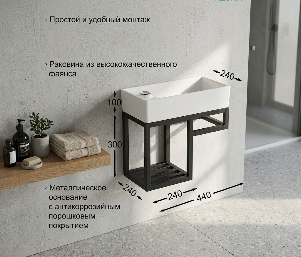 Тумба с раковиной KABINKA.KZ AZU9802, 44x40x22 см, черный