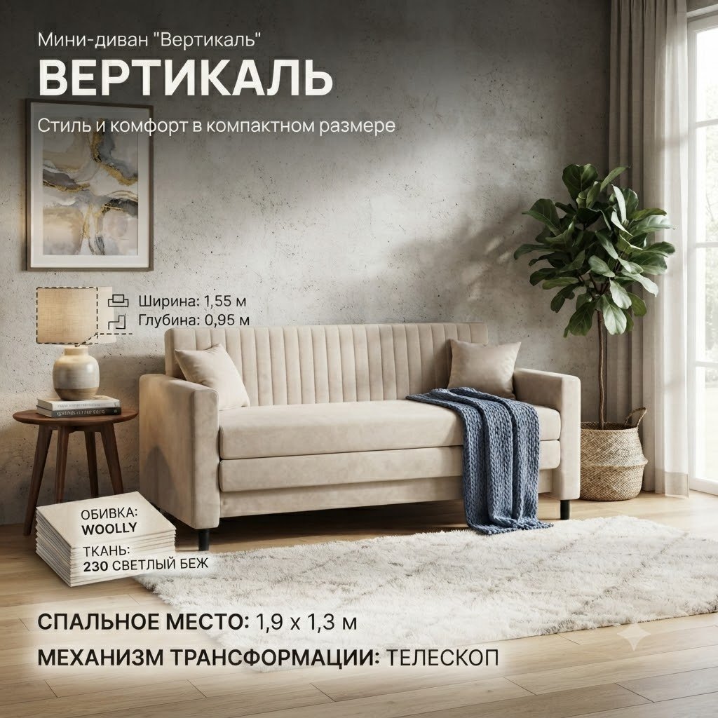 Диван Вертикаль, 155х70 см, обивка рогожка, бежевый купить,NaN