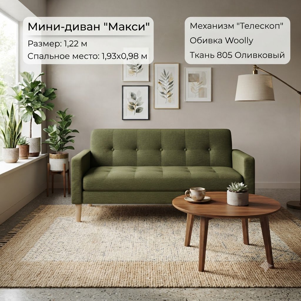 Диван Макси, 122х70 см, обивка рогожка, зеленый купить,NaN