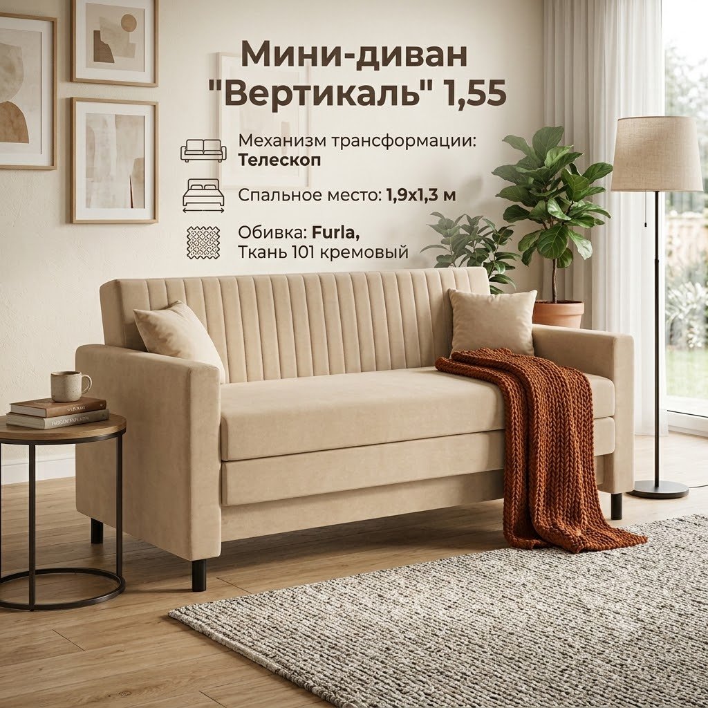 Диван Вертикаль, 155х70 см, обивка велюр, бежевый купить,NaN
