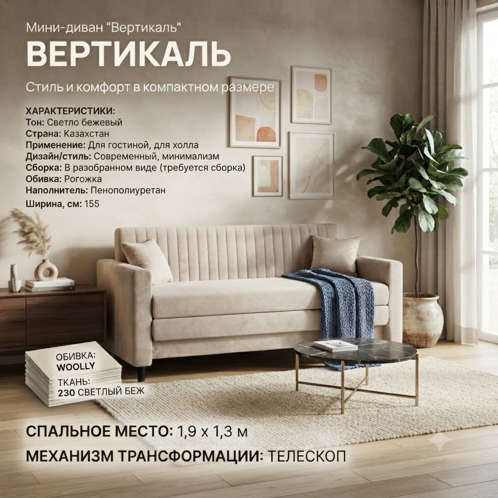Диван Вертикаль, 155х70 см, обивка рогожка, бежевый купить,NaN