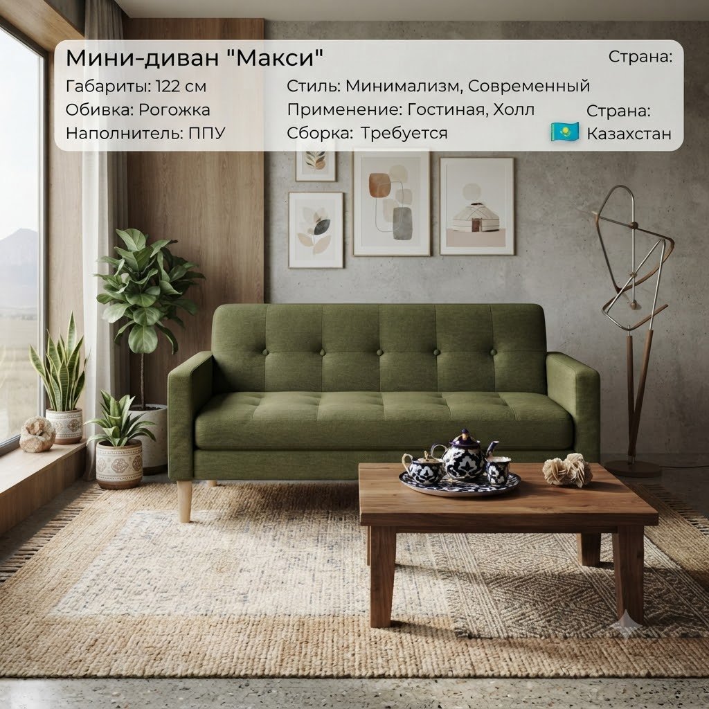 Диван Макси, 122х70 см, обивка рогожка, зеленый купить,NaN