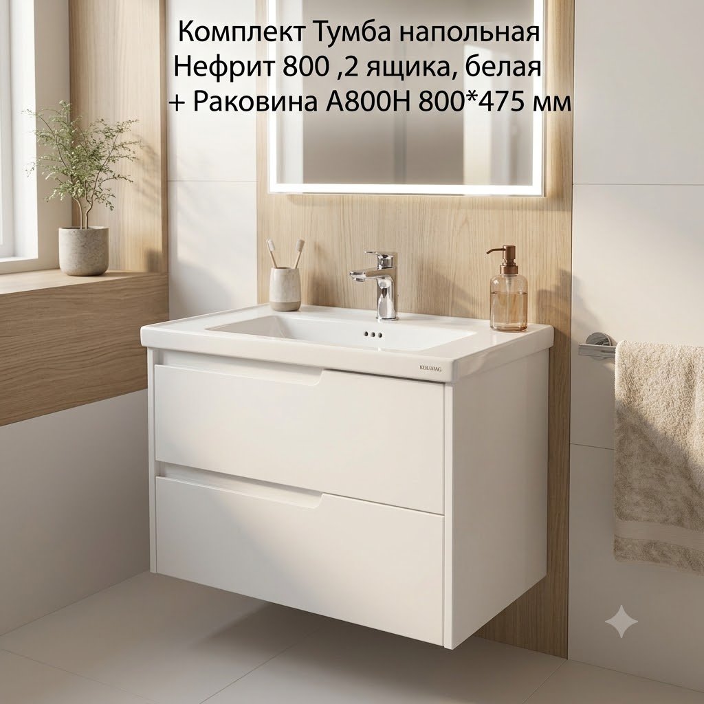 Тумба с раковиной KABINKA.KZ Нефрит, 80x70x40 см, белый купить,NaN