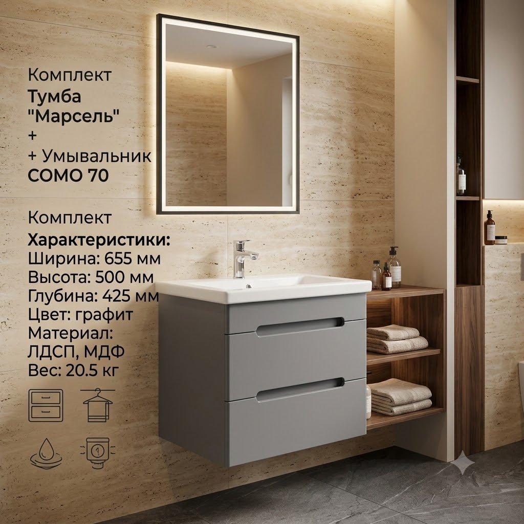Тумба с раковиной KABINKA.KZ Марсель, 65.5x50x42.5 см, графит купить,NaN