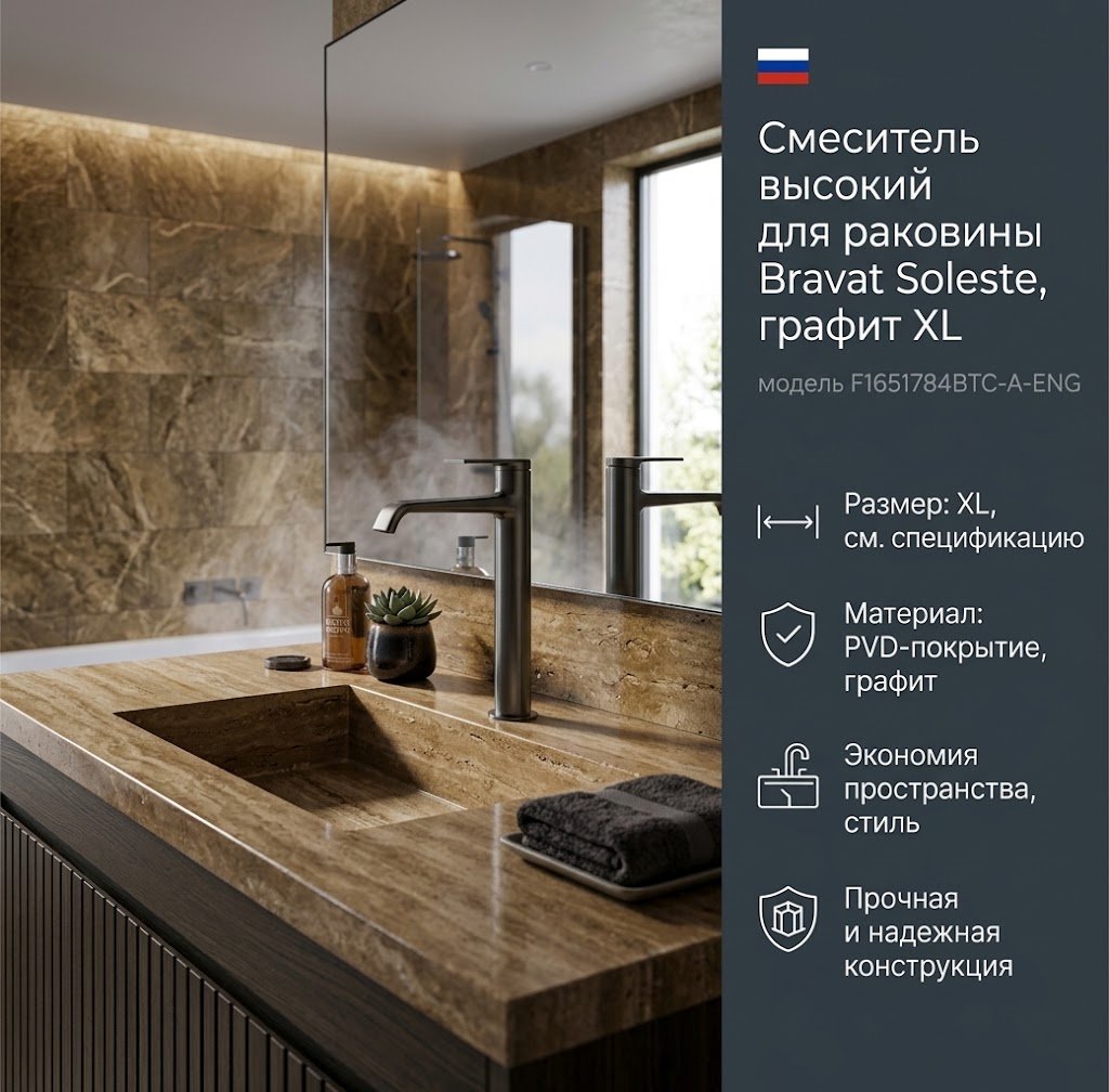 Смеситель BRAVAT F1651784BTC-A-ENG, латунь, цвет графит купить,115780
