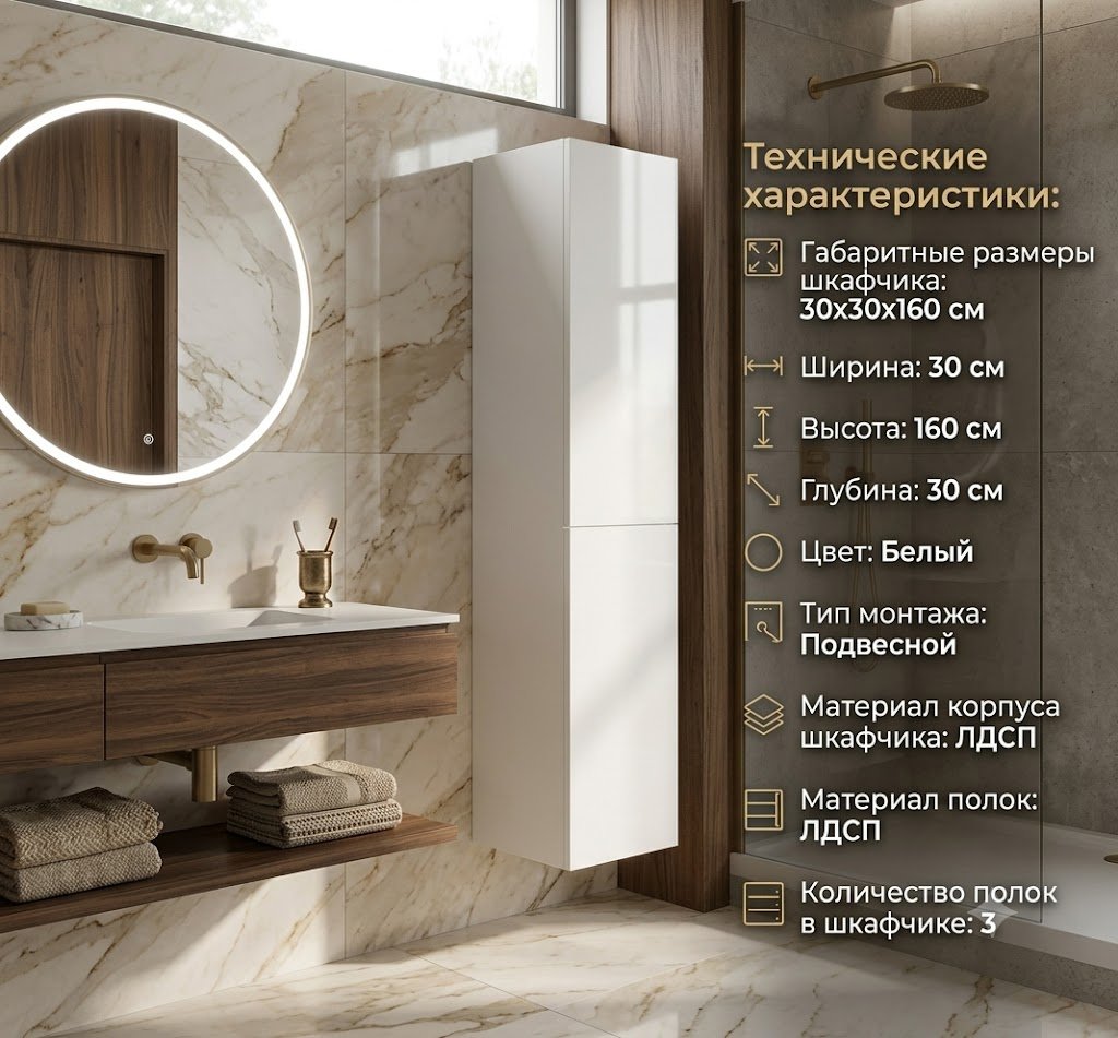 Шкаф-пенал навесной KABINKA.KZ София, 30x30x160 см, белый купить,NaN