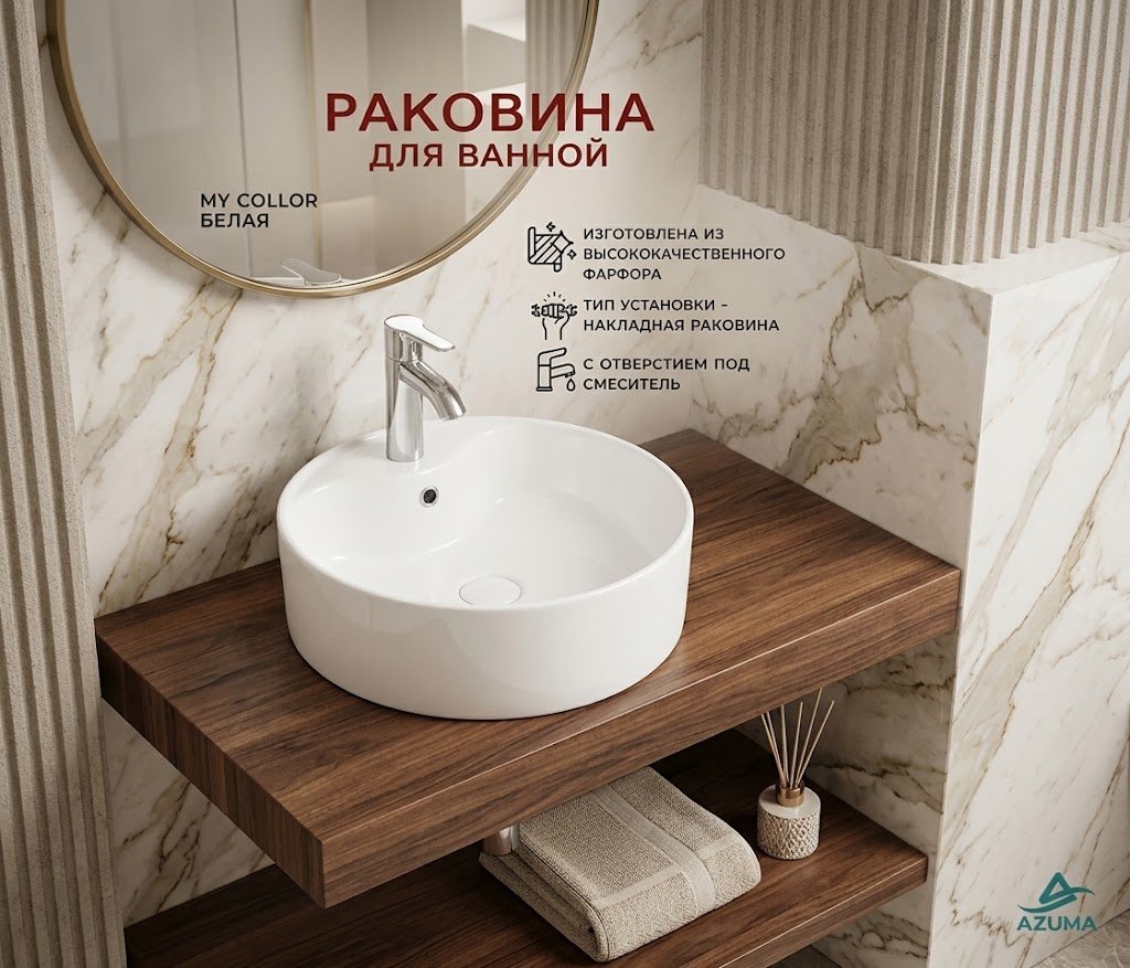 Раковина AZU99603W накладная круглая 41х41 см, фарфор купить,50600
