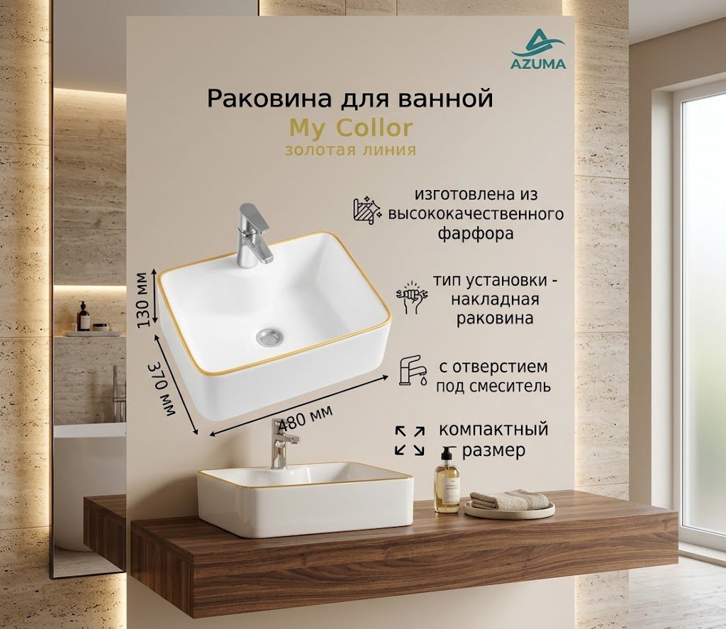 Раковина AZU5038GL накладная прямоугольная 48х37 см, фарфор купить,50200