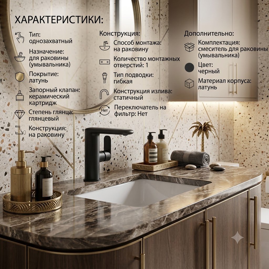 Смеситель BRAVAT F1421454BW-ENG, латунь, цвет черный купить,64050