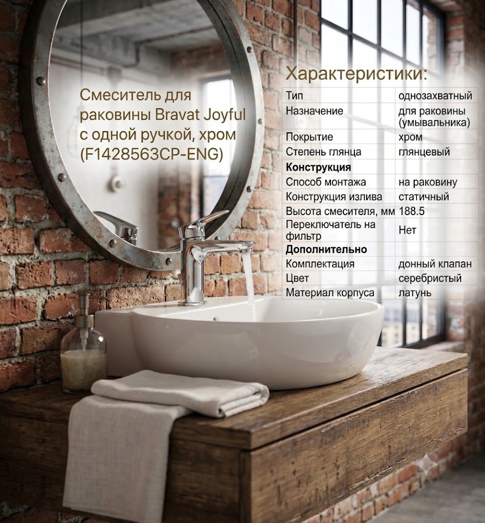 Смеситель BRAVAT F1428563CP-ENG, латунь, цвет хром купить,44380