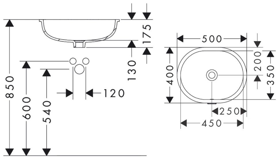 Раковина Hansgrohe Xuniva U 60153450 подстольная овальная 50х45 см, керамика купить,162300