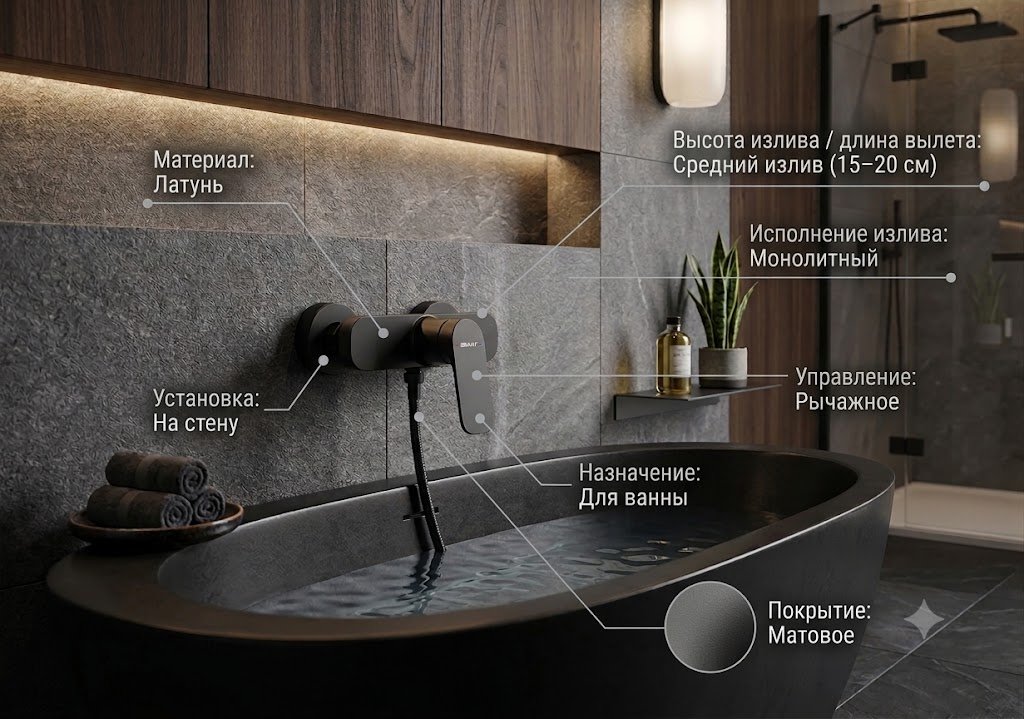 Смеситель BRAVAT F9428563BW-01-ENG, латунь, цвет черный