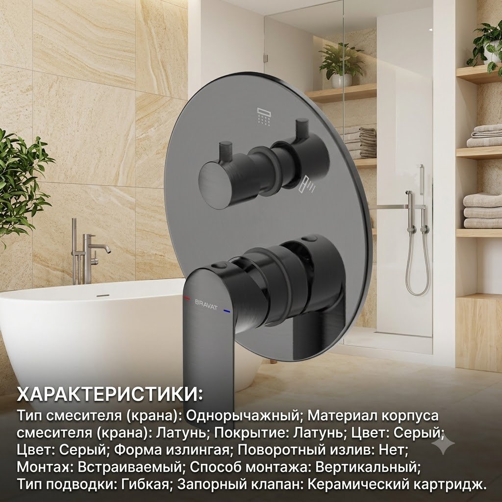 Смеситель BRAVAT PB8369402BTC-2-ENG, латунь, цвет серый купить,NaN